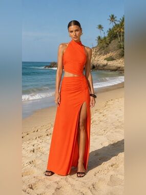 Misha 'kendall' Jersey Dress Sleeveless Orange Halter Maxi Dress High Slit NWT